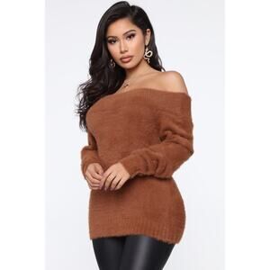 Fashion nova Taylor Fuzzy Off Shoulder Sweater Cognac Small NEW